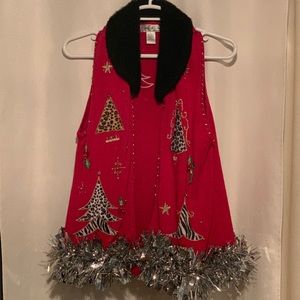 Ugly Christmas sweater fur collar & tinsel trim